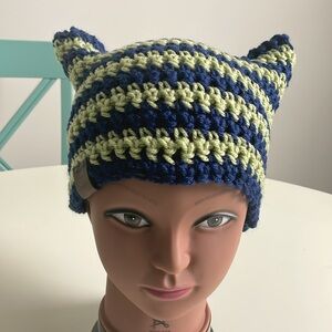 JulzyRaye Cat Hat -Unisex Homemade Crocheted Cat Hat -Navy & Light Olive-OS